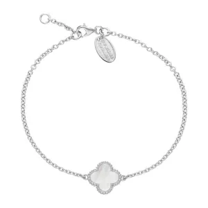 9ct White Gold White Mother of Pearl Bloom Four Leaf Clover Ball Edge Chain Bracelet