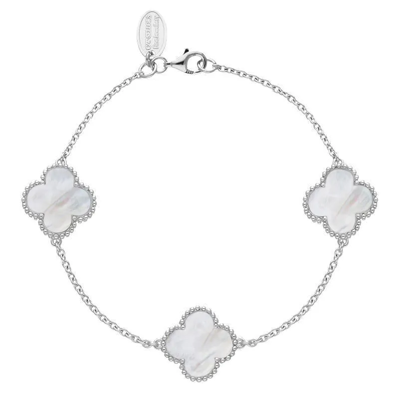 9ct White Gold White Mother of Pearl Bloom Four Leaf Clover Ball Edge Chain Bracelet