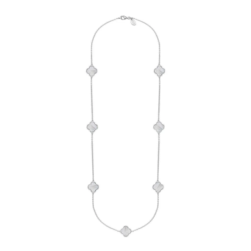 9ct White Gold White Mother of Pearl Bloom Four Leaf Clover Ball Edge Long Necklace