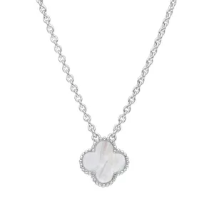 9ct White Gold White Mother of Pearl Bloom Small Four Leaf Clover Ball Edge Chain Necklet