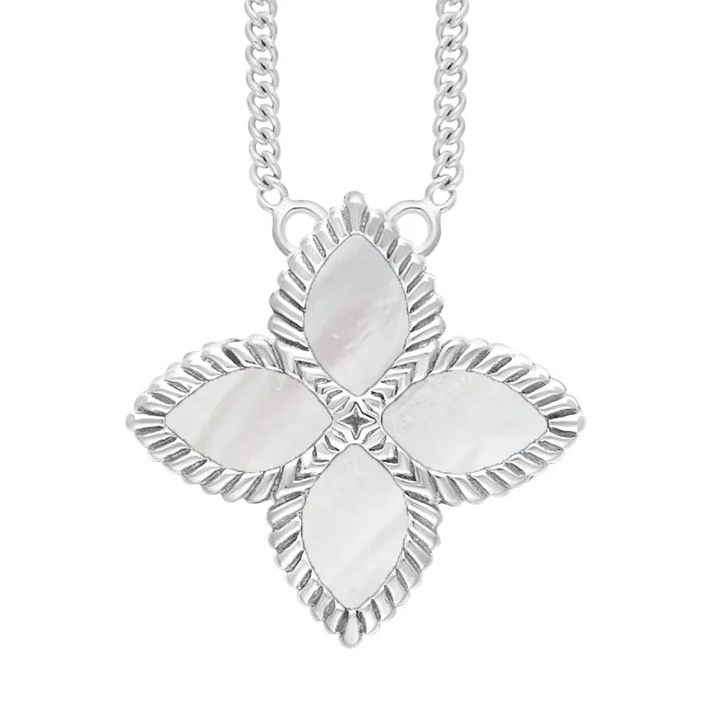 9ct White Gold White Mother of Pearl Eden Large Marquise Flower Necklace