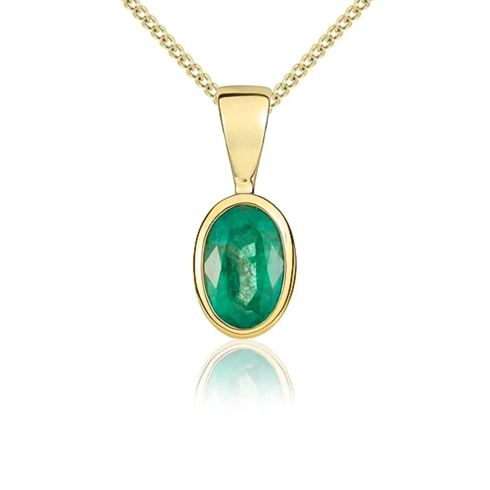 9ct Yellow Gold Emerald 6x4mm Oval Rub Over Set Pendant