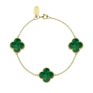 9ct Yellow Gold Malachite Bloom Four Leaf Clover Ball Edge Chain Bracelet