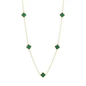 9ct Yellow Gold Malachite Bloom Four Leaf Clover Ball Edge Necklace
