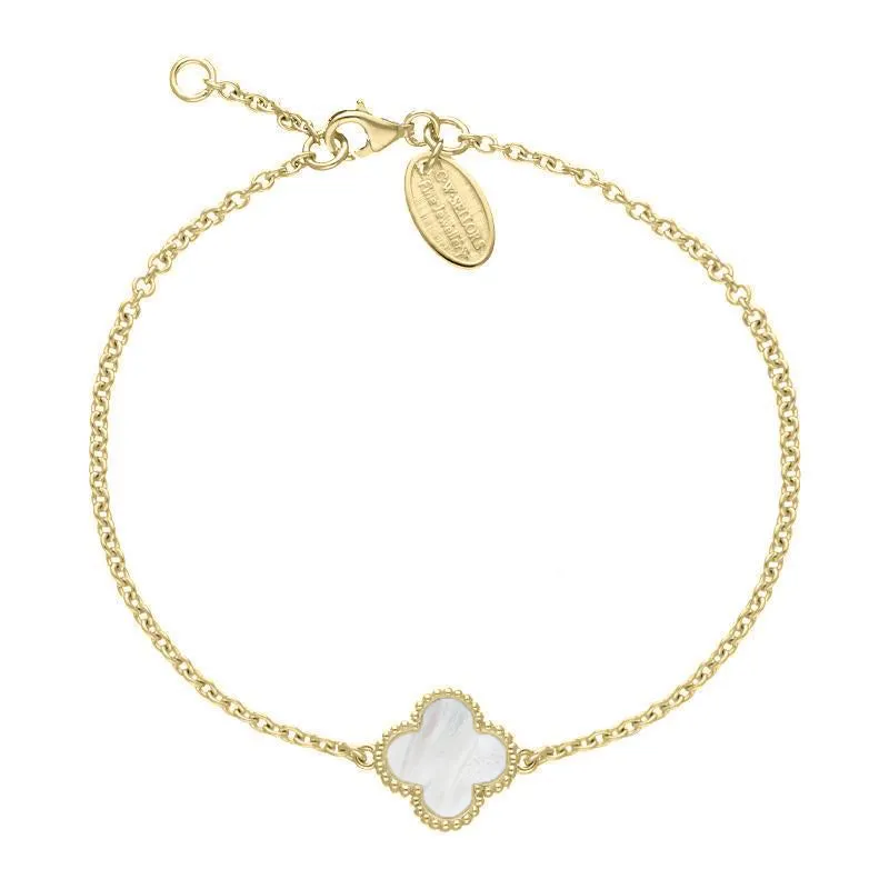 9ct Yellow Gold White Mother of Pearl Bloom Four Leaf Clover Ball Edge Chain Bracelet