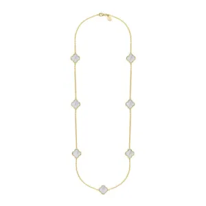 9ct Yellow Gold White Mother of Pearl Bloom Four Leaf Clover Ball Edge Long Necklace