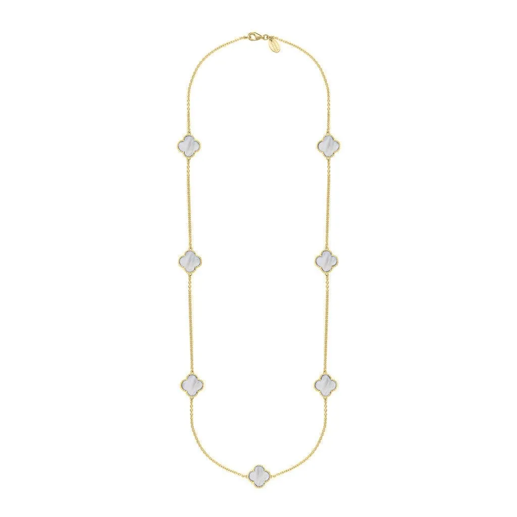 9ct Yellow Gold White Mother of Pearl Bloom Four Leaf Clover Ball Edge Long Necklace