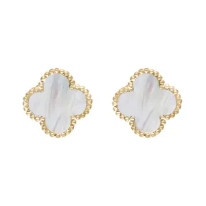 9ct Yellow Gold White Mother of Pearl Bloom Four Leaf Clover Ball Edge Stud Earrings