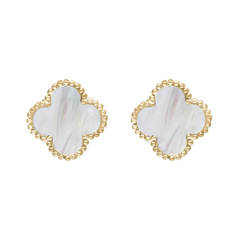9ct Yellow Gold White Mother of Pearl Bloom Four Leaf Clover Ball Edge Stud Earrings