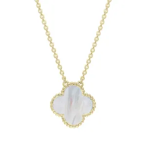 9ct Yellow Gold White Mother of Pearl Bloom Large Four Leaf Clover Ball Edge Chain Necklet