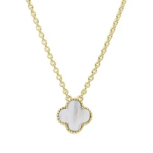 9ct Yellow Gold White Mother of Pearl Bloom Small Four Leaf Clover Ball Edge Chain Necklet