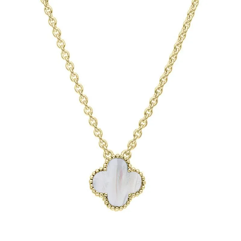 9ct Yellow Gold White Mother of Pearl Bloom Small Four Leaf Clover Ball Edge Chain Necklet