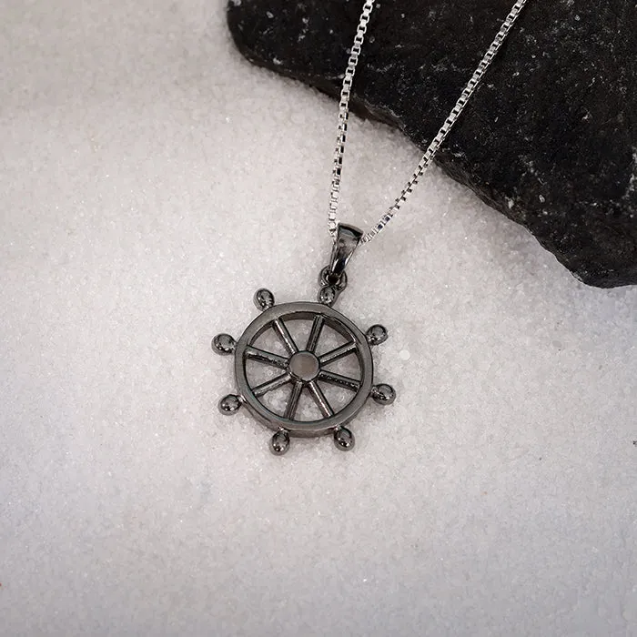 Black Rhodium Time Wheel Pendant With Box Chain For Him Giva