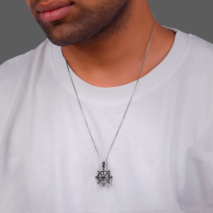 Black Rhodium Time Wheel Pendant With Box Chain For Him Giva