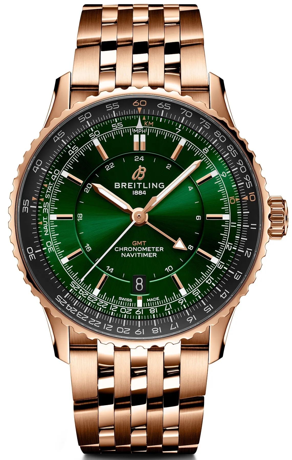 Breitling Navitimer GMT 41 Green 18k Red Gold Bracelet Watch