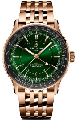 Breitling Navitimer GMT 41 Green 18k Red Gold Bracelet Watch