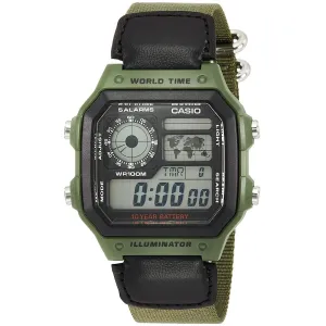 Casio Watch Digital World Time Illuminator Green Nato AE-1200WHB-3BVDF