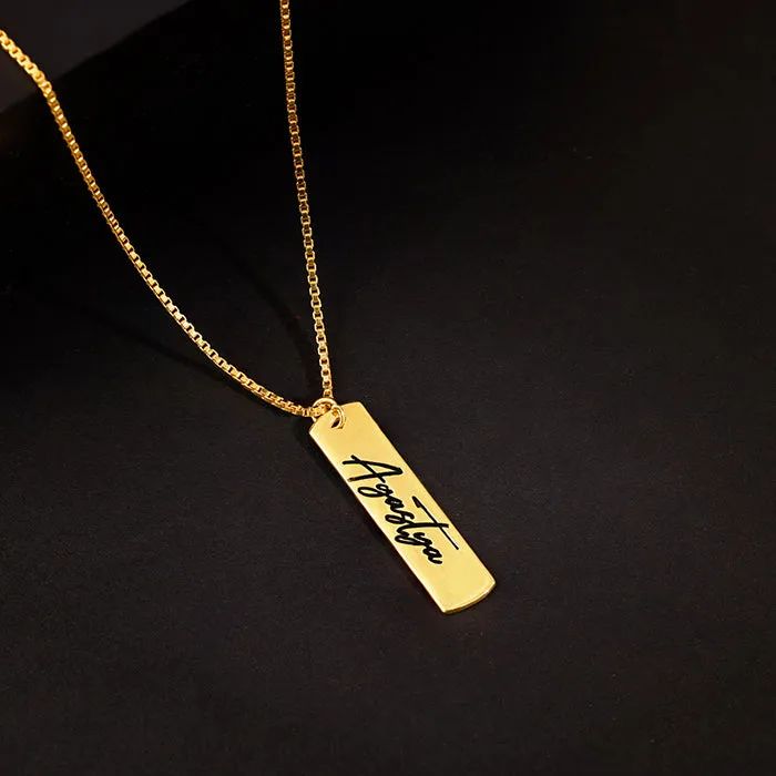 Golden Personalised Vertical Bar Name Pendant with Box Chain For Him Giva