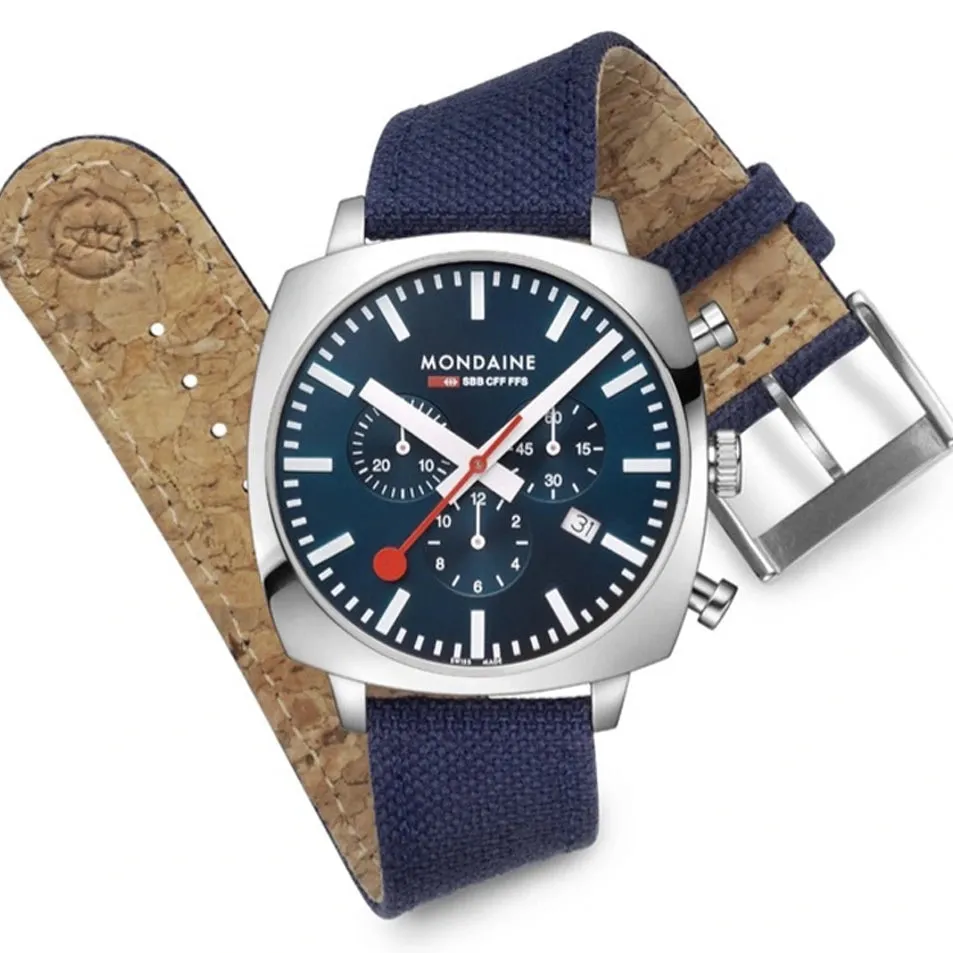 Mondaine Grand Cushion Chrono Square Men's Blue Watch  MSL.41440.LD.SET