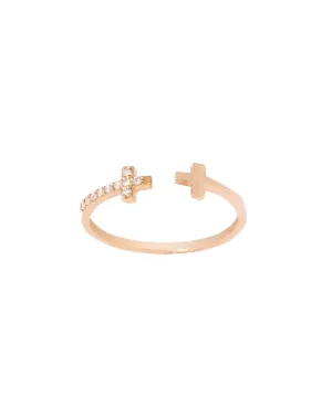 Opened Double Cross 18K Gold, Whitegold or Rosegold Ring w. Diamonds