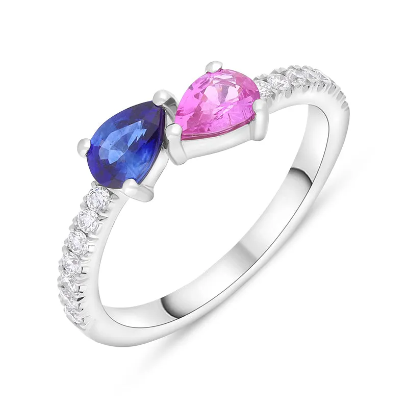 Platinum Pink and Blue Sapphire Diamond Shoulder Set Ring