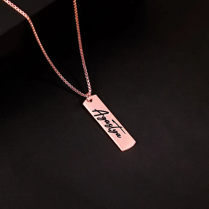 Rose Gold Personalised Vertical Bar Name Pendant with Box Chain For Him Giva