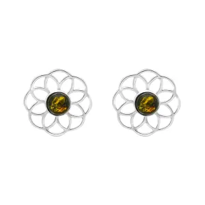 Sterling Silver Amber Flower Stud Earrings