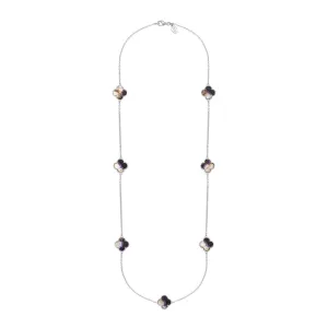 Sterling Silver Blue John Bloom Four Leaf Clover Ball Edge Long Necklace