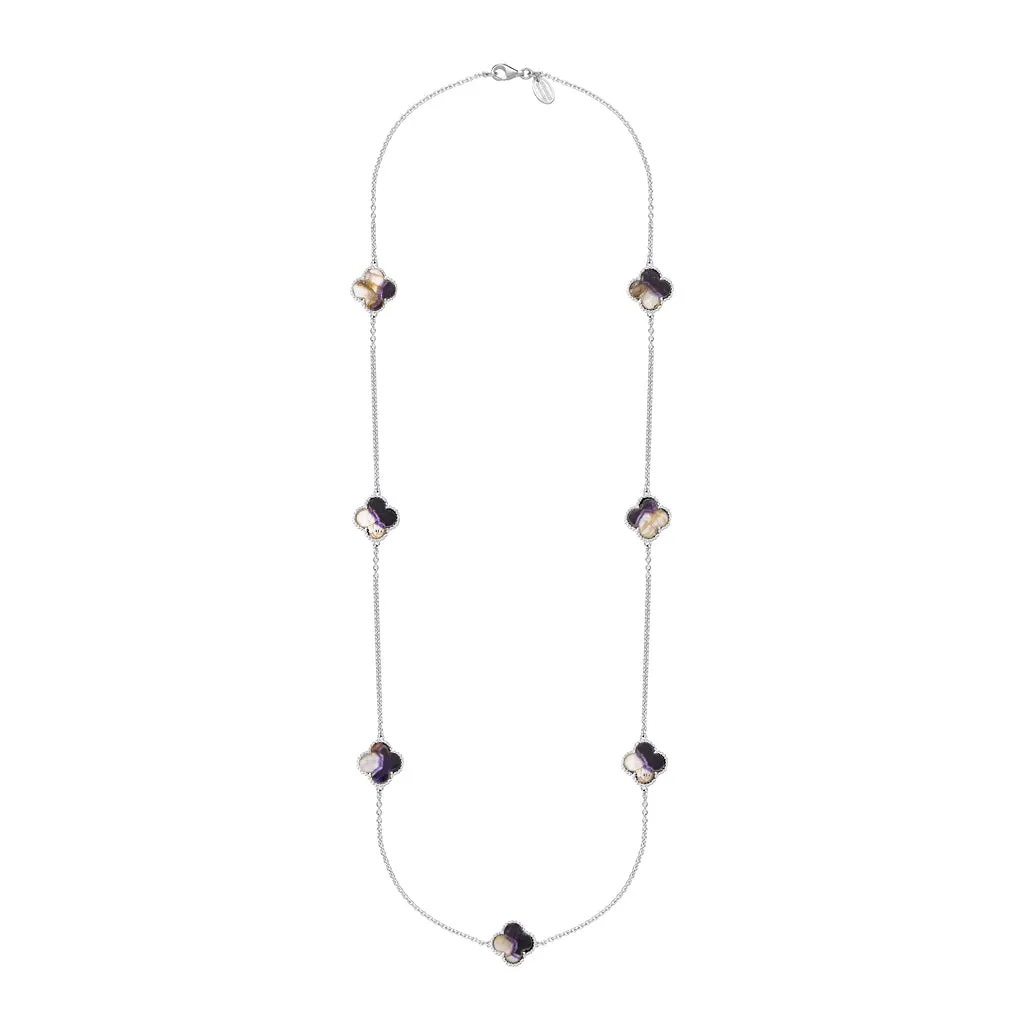 Sterling Silver Blue John Bloom Four Leaf Clover Ball Edge Long Necklace
