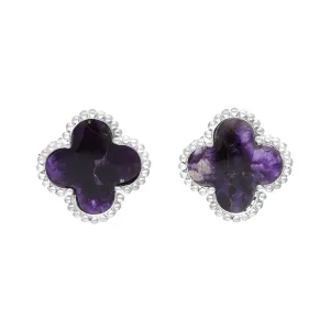 Sterling Silver Blue John Bloom Four Leaf Clover Ball Edge Stud Earrings