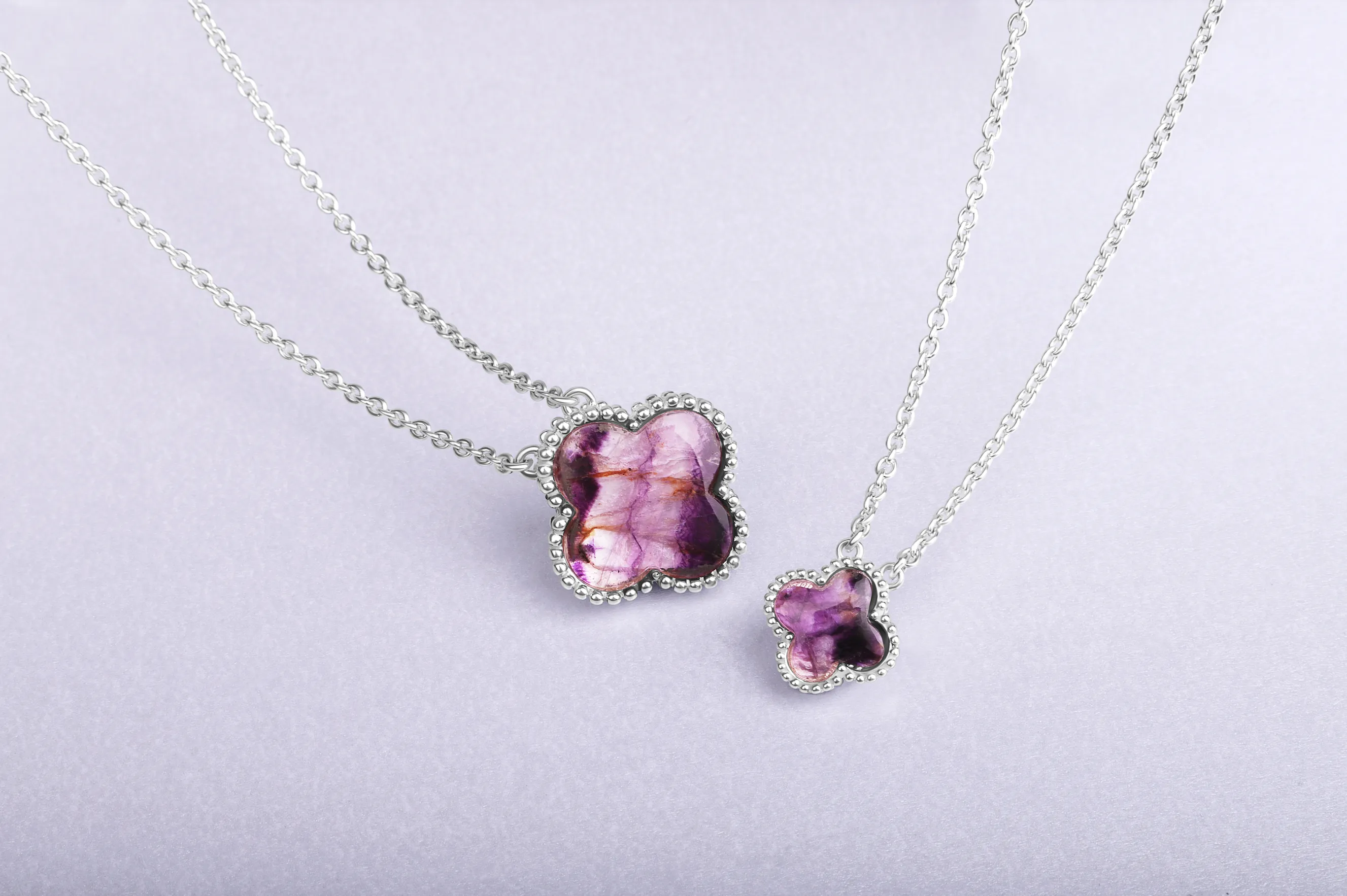 Sterling Silver Blue John Bloom Large Four Leaf Clover Ball Edge Chain Necklet