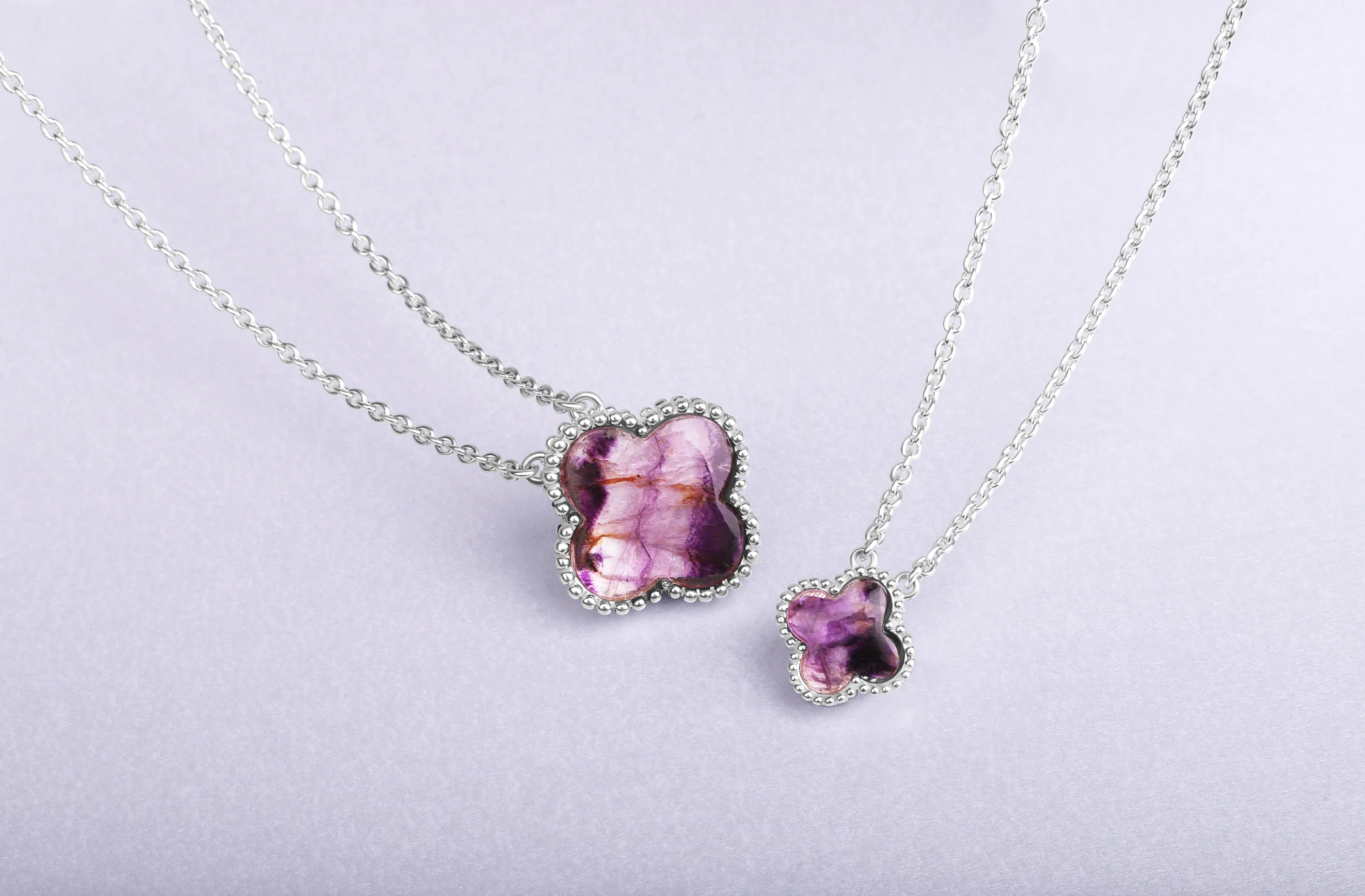 Sterling Silver Blue John Bloom Small Four Leaf Clover Ball Edge Chain Necklet