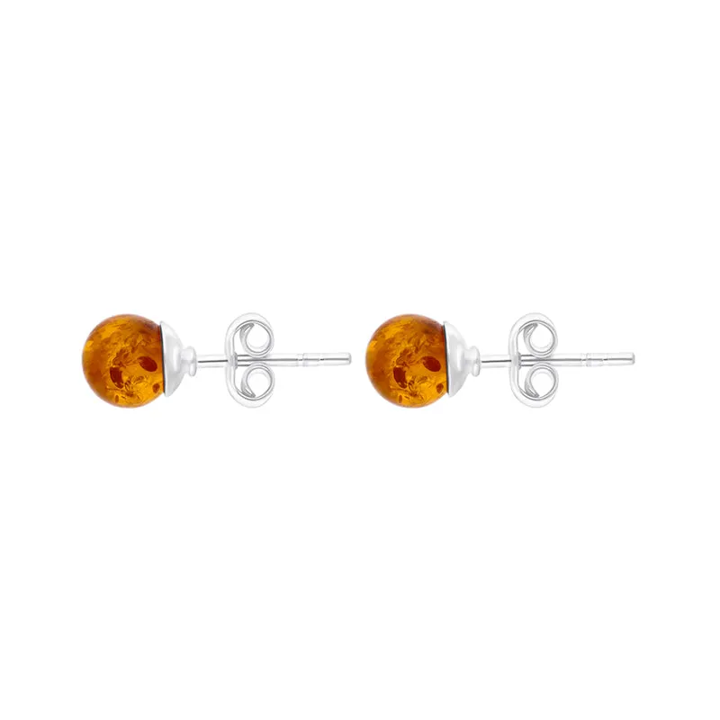 Sterling Silver Cognac Amber 6mm Ball Stud Earrings