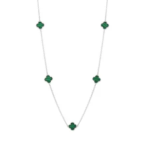 Sterling Silver Malachite Bloom Four Leaf Clover Ball Edge Necklace