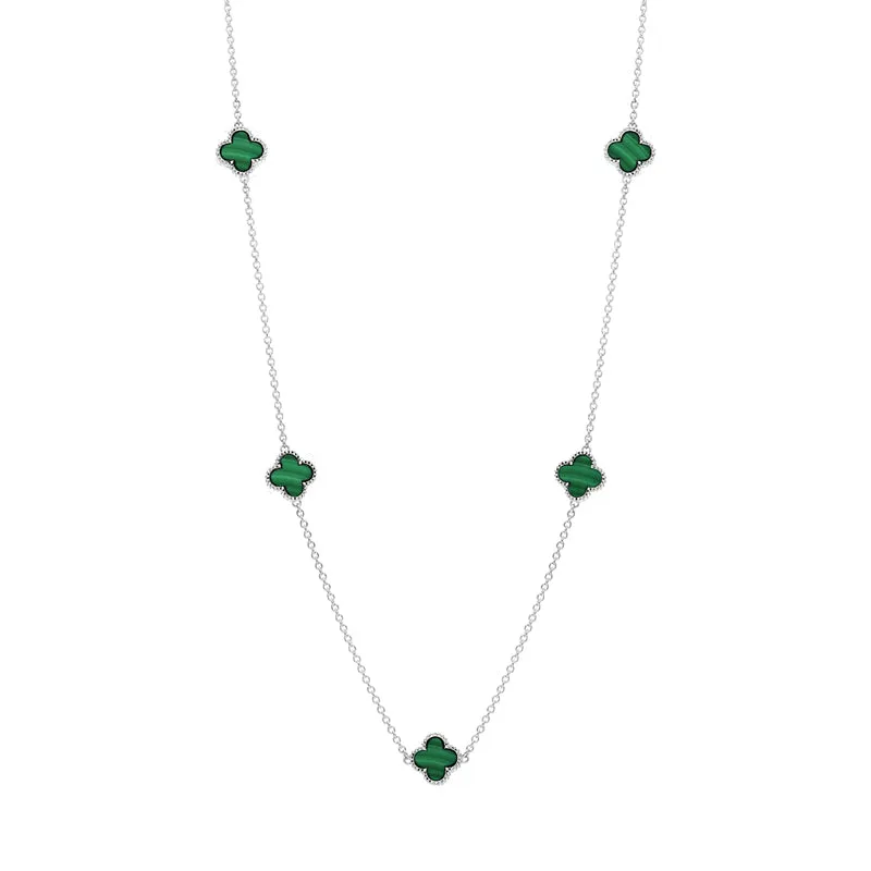 Sterling Silver Malachite Bloom Four Leaf Clover Ball Edge Necklace