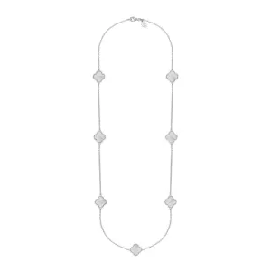Sterling Silver White Mother of Pearl Bloom Four Leaf Clover Ball Edge Long Necklace