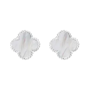 Sterling Silver White Mother of Pearl Bloom Four Leaf Clover Ball Edge Stud Earrings