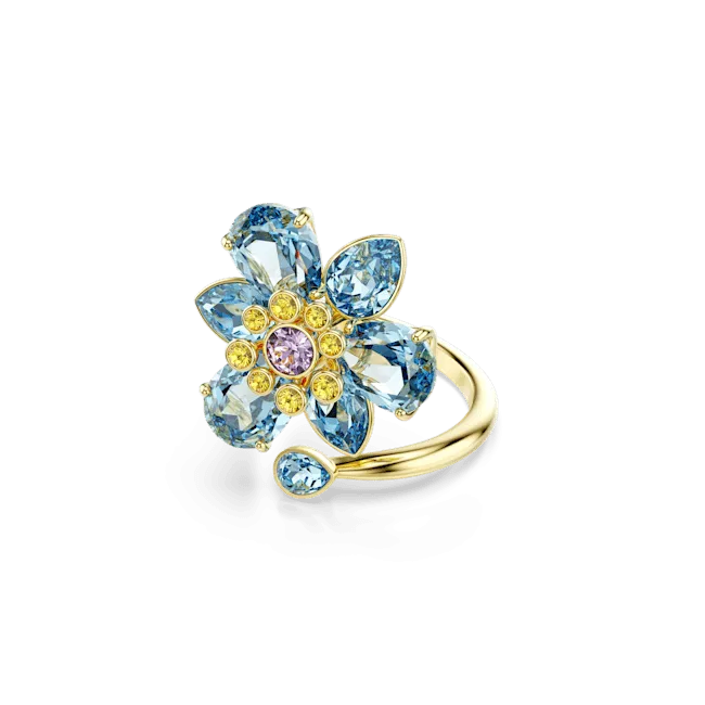 Swarovski Idyllia open Ring Mixed cuts Flower Blue Gold-tone plated Size 55