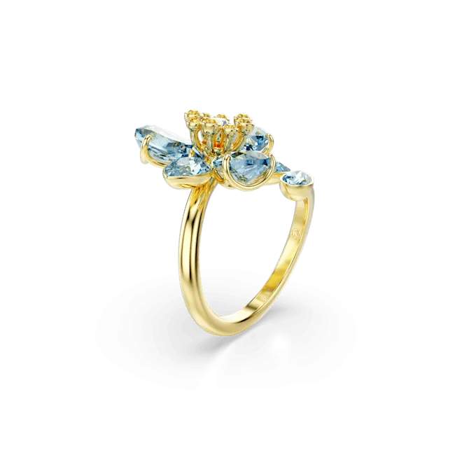 Swarovski Idyllia open Ring Mixed cuts Flower Blue Gold-tone plated Size 55