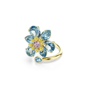 Swarovski Idyllia Open Ring Mixed Cuts Flower Blue Gold-Tone Plated